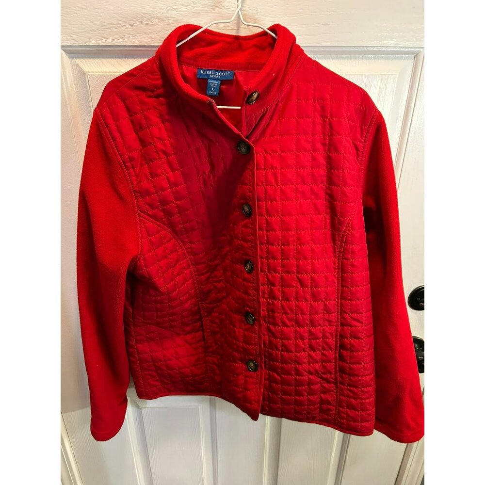Karen Scott Sport Red Quilted And Fleece Full Button Up Jacket Large